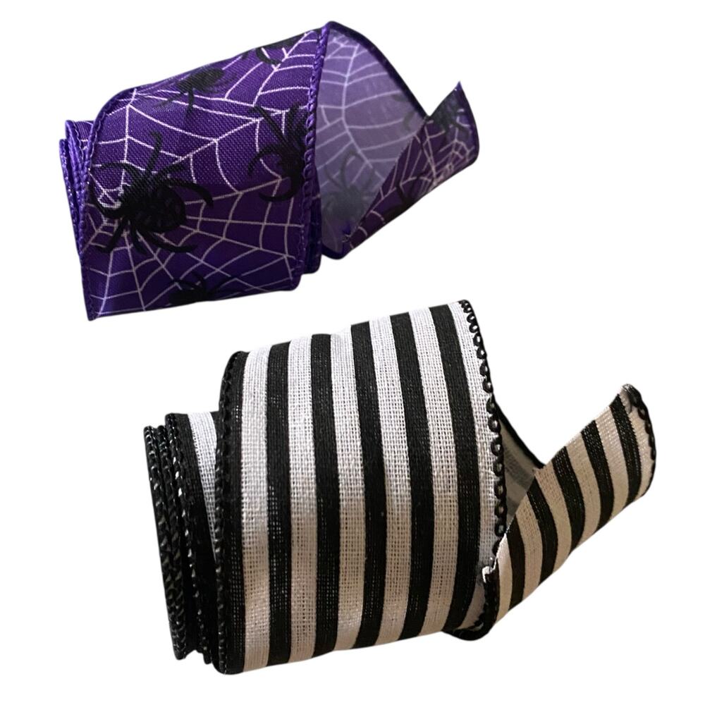 SET OF 2 -10 Yds Spool Halloween Spider Web Purple & Black Wired Ribbon 2.5"W